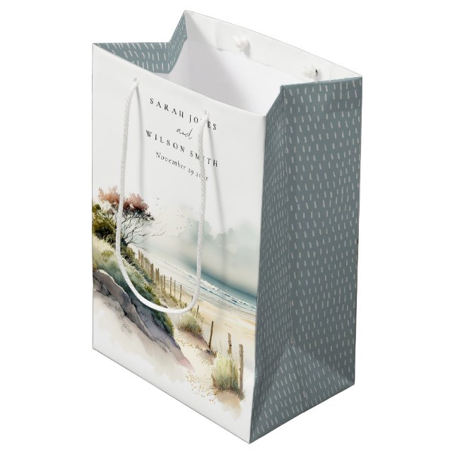 Elegant Dusky Coastal Sand Beach Seascape Wedding Medium Gift Bag (Front Angled)