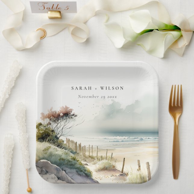 Elegant Dusky Coastal Sand Beach Seascape Wedding Paper Plates (Wedding)