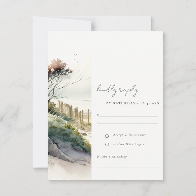 Elegant Dusky Coastal Sand Beach Seascape Wedding RSVP Card (Front)