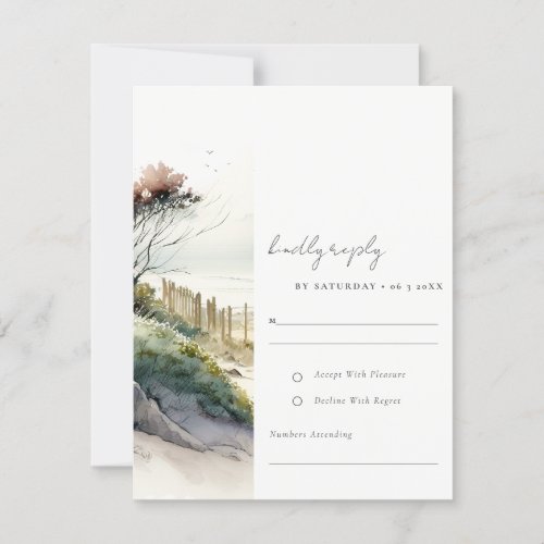 Elegant Dusky Coastal Sand Beach Seascape Wedding RSVP Card