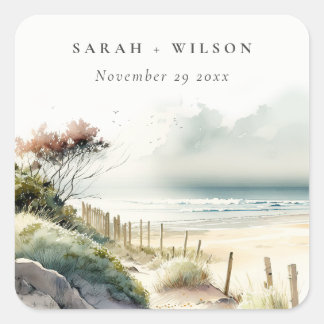 Elegant Dusky Coastal Sand Beach Seascape Wedding Square Sticker