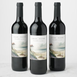 Elegant Dusky Coastal Sand Beach Seascape Wedding Wine Label