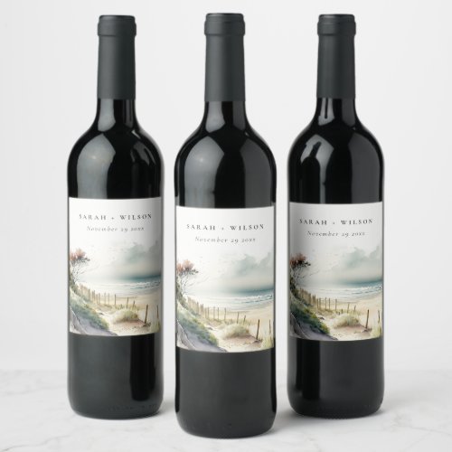 Elegant Dusky Coastal Sand Beach Seascape Wedding Wine Label