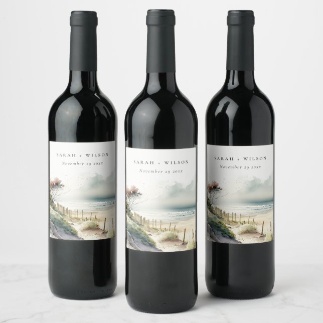 Elegant Dusky Coastal Sand Beach Seascape Wedding Wine Label (Bottles)