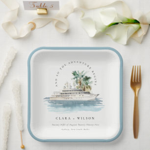 Elegant Dusky Cruise Ship Palm Seascape Wedding Paper Plates