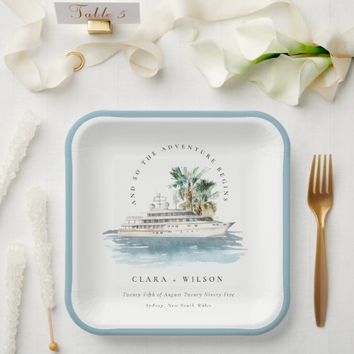 Elegant Dusky Cruise Ship Palm Seascape Wedding  Paper Plates