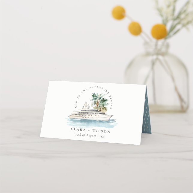 Elegant Dusky Cruise Ship Palm Seascape Wedding  Place Card (Front)