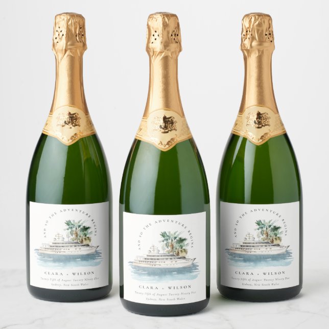 Elegant Dusky Cruise Ship Palm Seascape Wedding  Sparkling Wine Label (Bottles)