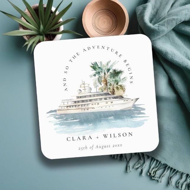 Elegant Dusky Cruise Ship Palm Seascape Wedding  Square Paper Coaster (Creator Uploaded)