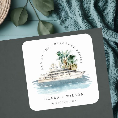 Elegant Dusky Cruise Ship Palm Seascape Wedding  Square Sticker