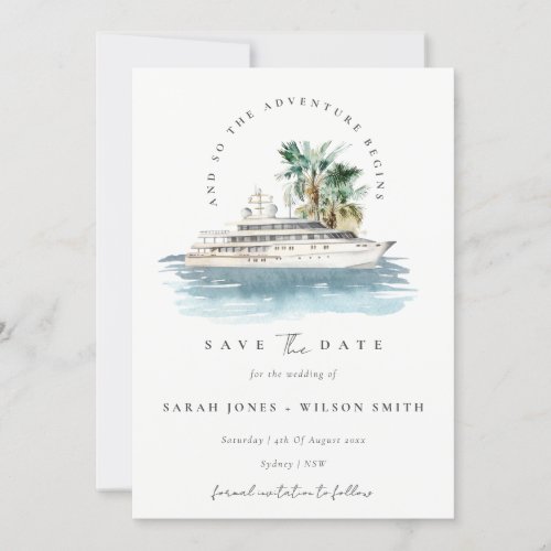 Elegant Dusky Cruise Ship Palm Watercolor Seascape Save The Date