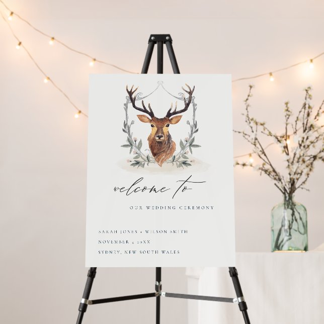 Elegant Dusky Deer Floral Crest Wedding Welcome Foam Board (In Situ (Stand))