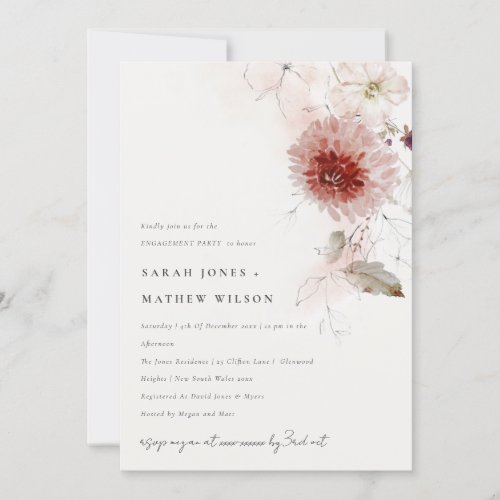 Elegant Dusky Fall Marsala Blush Floral Engagement Invitation