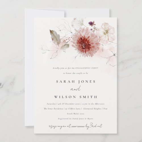 Elegant Dusky Fall Marsala Blush Floral Engagement Invitation