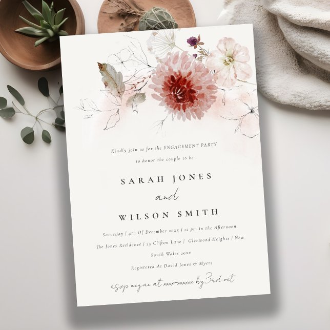 Elegant Dusky Fall Marsala Blush Floral Engagement Invitation (Creator Uploaded)