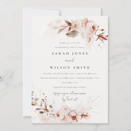 Elegant Dusky Fall Marsala Blush Floral Engagement Invitation