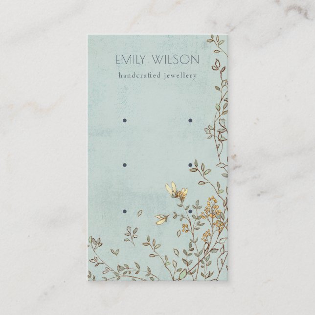 Elegant Dusky Floral Aqua Stud 3 Earring Display Business Card (Front)