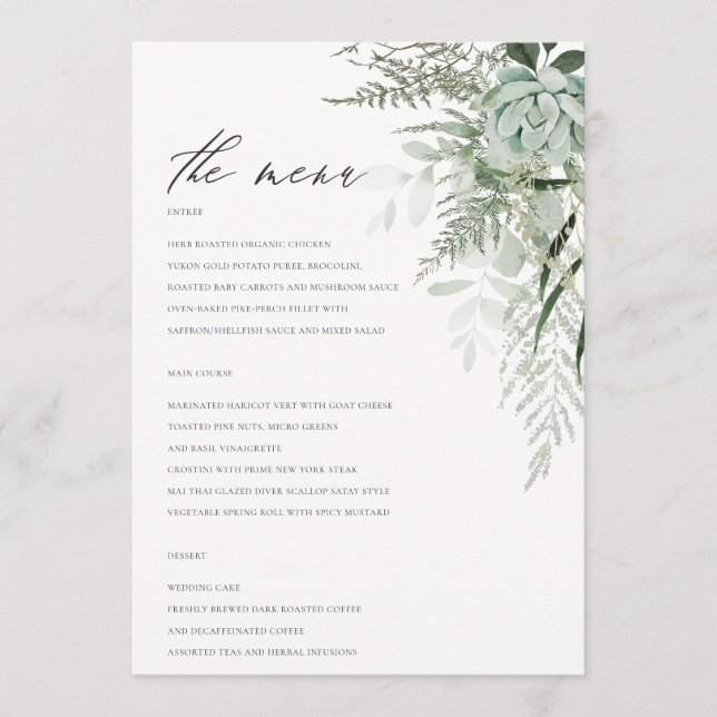 Elegant Dusky Leafy Fern Succulent Wedding  Menu (Front)