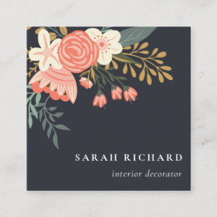 Elegant Dusky Orange Black Blush Ambrosia Floral Square Business Card