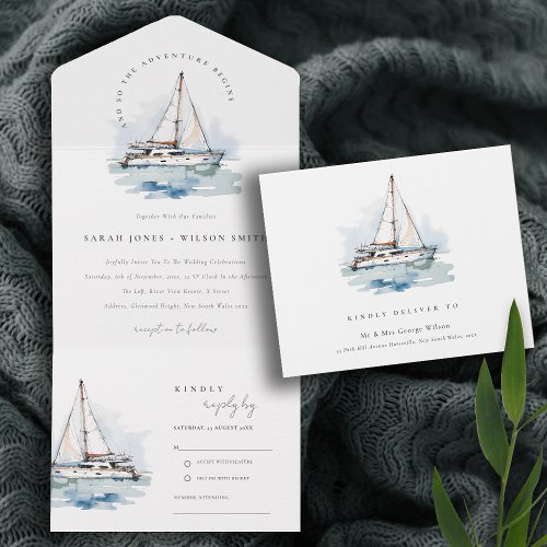 Elegant Dusky Sailboat Yacht Seascape Wedding  All In One Invitation