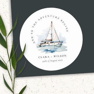 Elegant Dusky Sailboat Yacht Seascape Wedding Classic Round Sticker