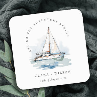 Elegant Dusky Sailboat Yacht Seascape Wedding Square Paper Coaster