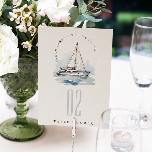 Elegant Dusky Sailboat Yacht Seascape Wedding Table Number