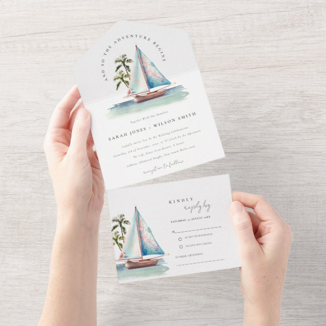 Elegant Dusky Teal Sailboat Palm Seascape Wedding  All In One Invitation (Tearaway)