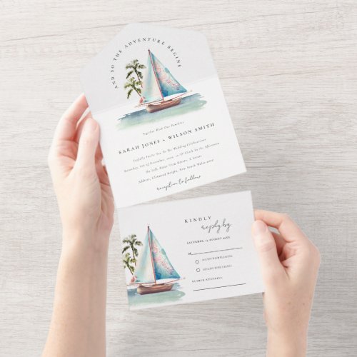 Elegant Dusky Teal Sailboat Palm Seascape Wedding  All In One Invitation