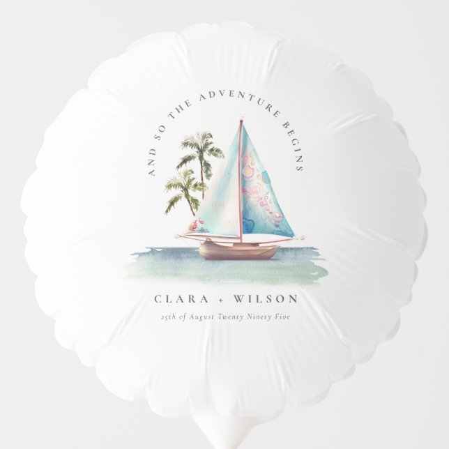Elegant Dusky Teal Sailboat Palm Seascape Wedding  Balloon (Front)