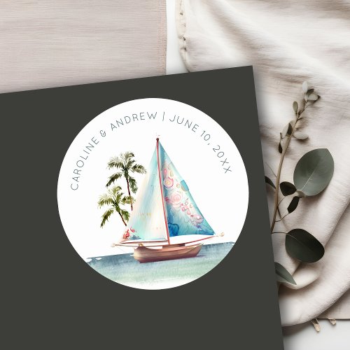Elegant Dusky Teal Sailboat Palm Seascape Wedding Classic Round Sticker