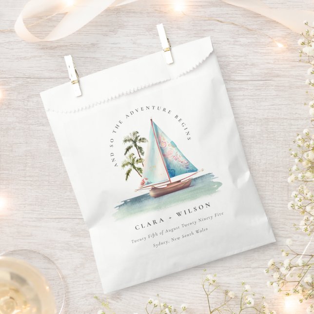 Elegant Dusky Teal Sailboat Palm Seascape Wedding  Favor Bag (Clipped)