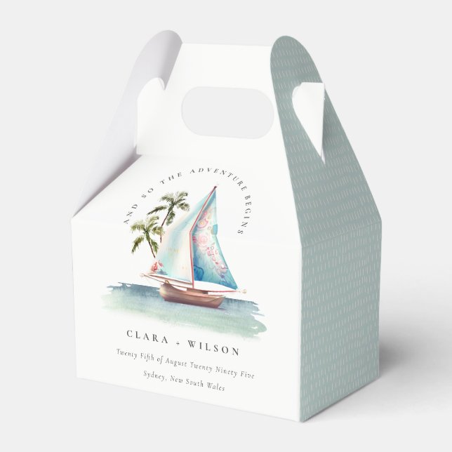 Elegant Dusky Teal Sailboat Palm Seascape Wedding  Favor Boxes (Front Side)