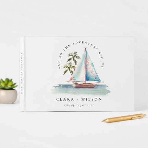 Elegant Dusky Teal Sailboat Palm Seascape Wedding  Guest Book