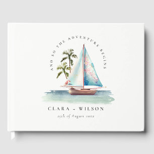 Elegant Dusky Teal Sailboat Palm Seascape Wedding  Guest Book