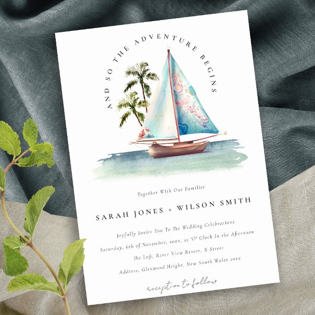 Elegant Dusky Teal Sailboat Palm Seascape Wedding  Invitation (Creator Uploaded)