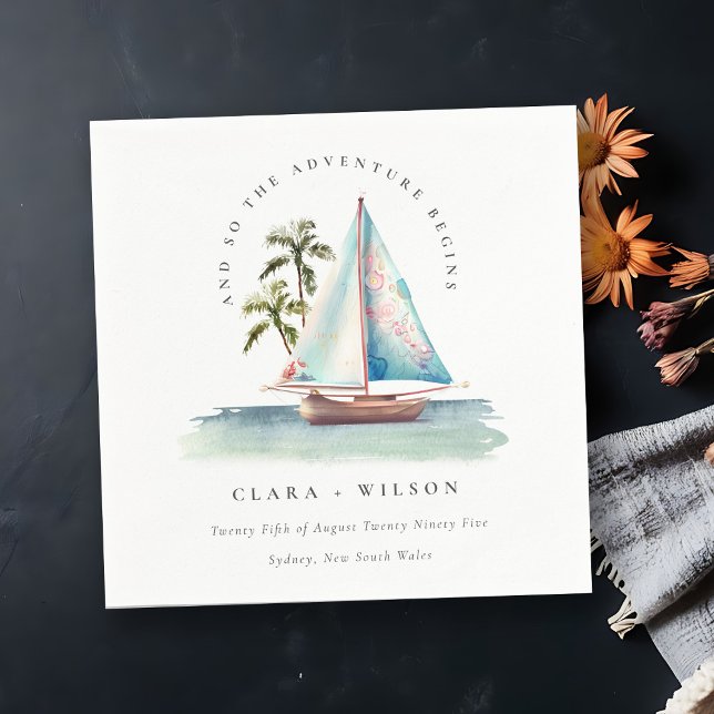 Elegant Dusky Teal Sailboat Palm Seascape Wedding  Napkins (Creator Uploaded)