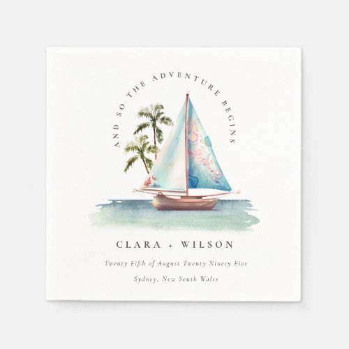 Elegant Dusky Teal Sailboat Palm Seascape Wedding  Napkins