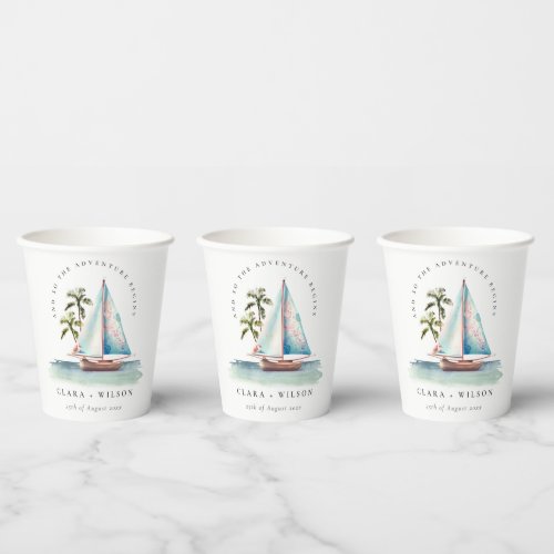 Elegant Dusky Teal Sailboat Palm Seascape Wedding  Paper Cups