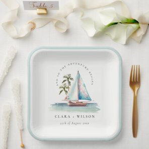 Elegant Dusky Teal Sailboat Palm Seascape Wedding  Paper Plates