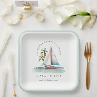 Elegant Dusky Teal Sailboat Palm Seascape Wedding Paper Plates