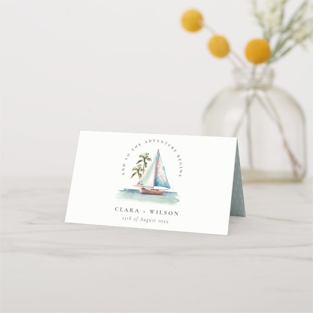 Elegant Dusky Teal Sailboat Palm Seascape Wedding  Place Card (Front)