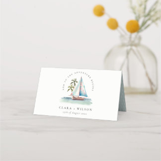 Elegant Dusky Teal Sailboat Palm Seascape Wedding Place Card