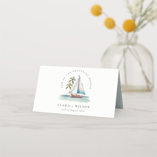 Elegant Dusky Teal Sailboat Palm Seascape Wedding  Place Card