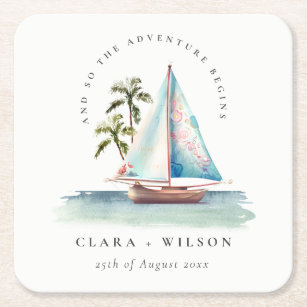 Elegant Dusky Teal Sailboat Palm Seascape Wedding  Square Paper Coaster