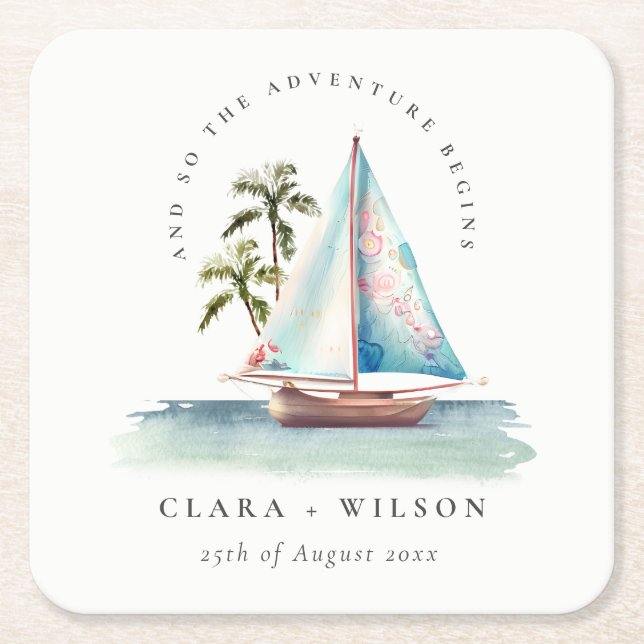Elegant Dusky Teal Sailboat Palm Seascape Wedding  Square Paper Coaster (Front)