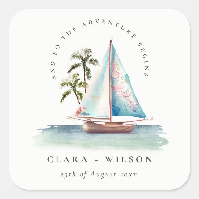 Elegant Dusky Teal Sailboat Palm Seascape Wedding  Square Sticker (Front)