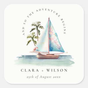 Elegant Dusky Teal Sailboat Palm Seascape Wedding Square Sticker