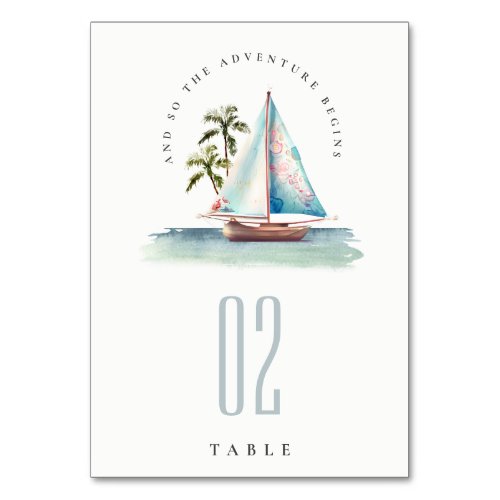 Elegant Dusky Teal Sailboat Palm Seascape Wedding  Table Number