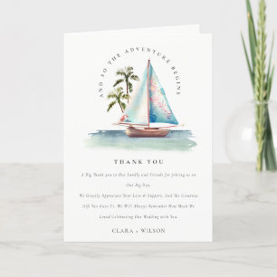 Elegant Dusky Teal Sailboat Palm Seascape Wedding Thank You Card